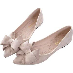Women's Apricot Bowknot Ballet Flats Pointy Toe Casual Flat Shoes Suede